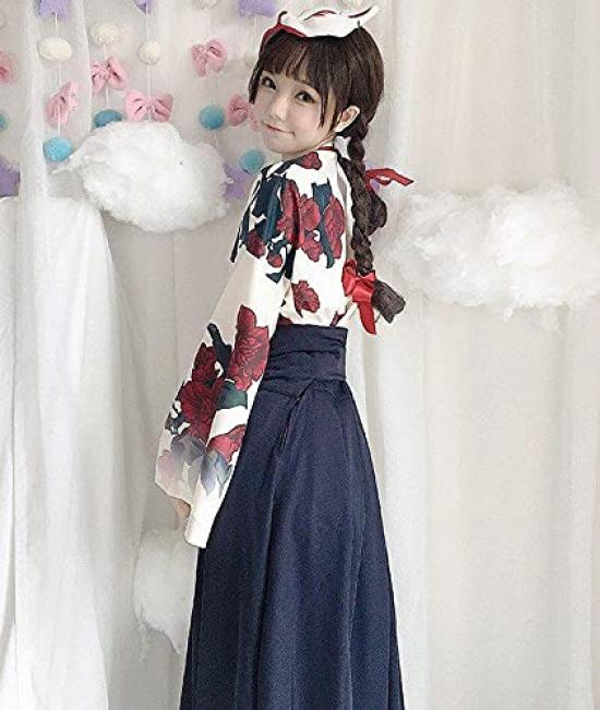 Dame Faul Taisho Roman Hakama Kimono Lang Floral Lolita Plus Locker Rot Floral Uni Gotisch Erwachsener Schrein Showa Kurz Rose Druck Größe Kleid, Druck,