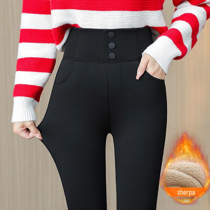 High Waist Black Shark Leggings - Plus Size Velvet Winter Pencil Pants