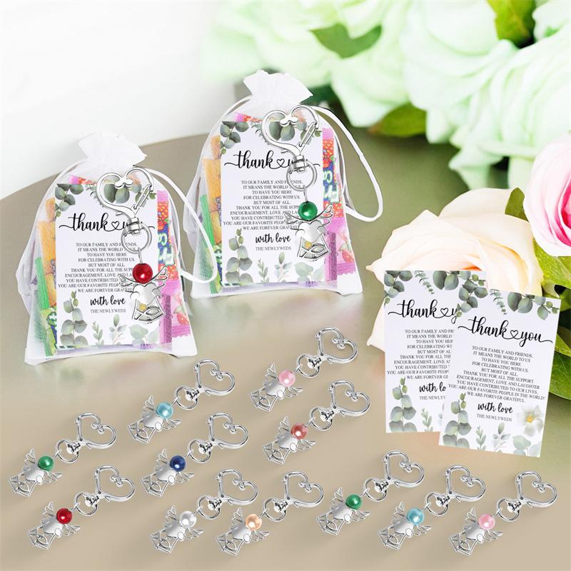 

24 Sets Angel Keychains Favor Angel Charms Angel Wing Pendant With Thank You Tags Drawstring Organza Bag Guest Return Gifts