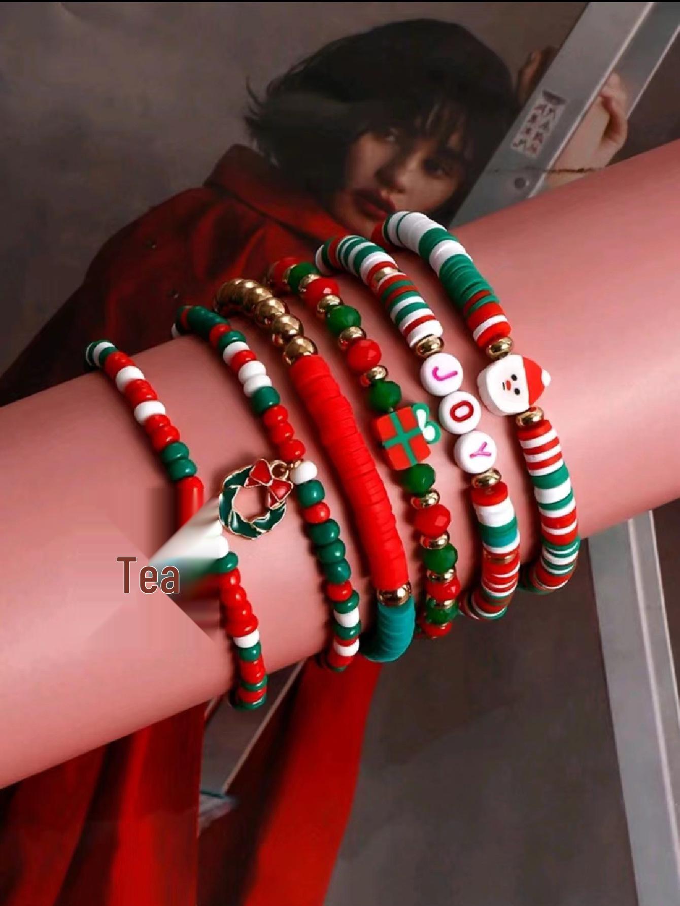 

Women s Holiday Snowman & Letter Beaded Bracelet Set: Colorful Polymer Clay Christmas Gift