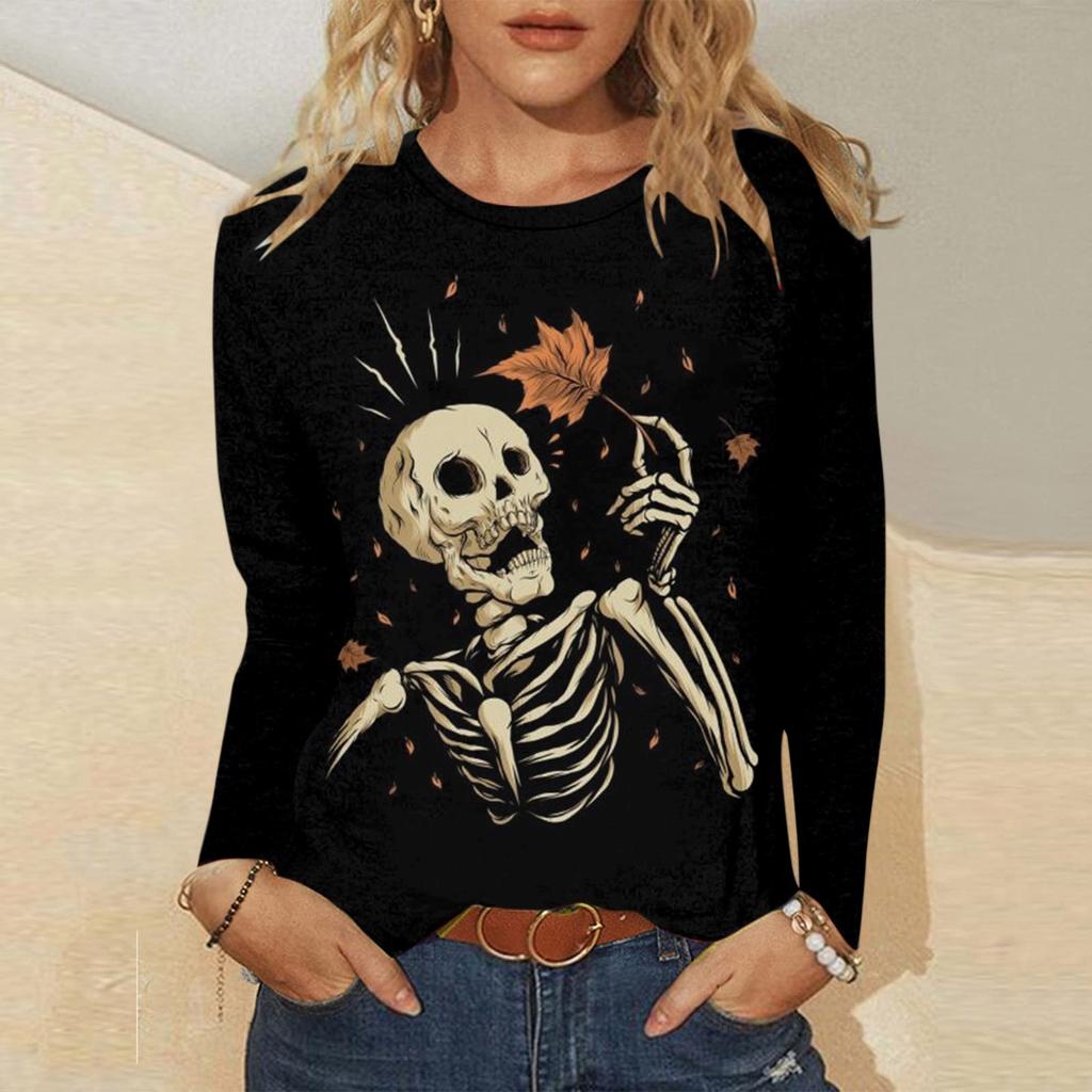 Dames avslappet mote Halloween-trykk langermet genser T-skjorte topp