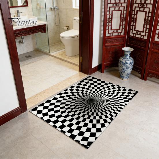 Decorative Floor Mat 3D Vortex Optical Illusion Rug Vision Vertigo Area Realistic Black And White Doormat Non-Slip for Living Room Bedroom Entrance