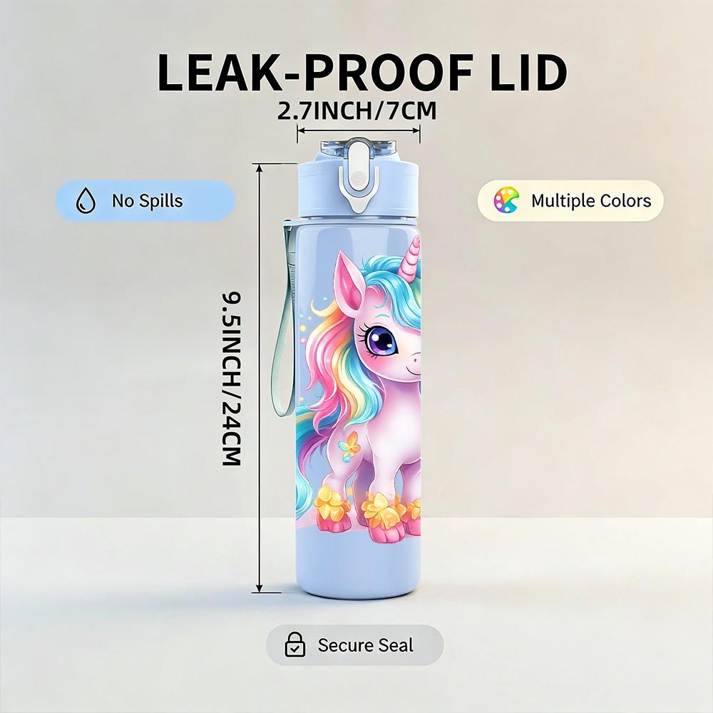 1PC Bright Pastel Unicorn Character Print 750ml Color Plastic Sports Water Bottle Leakproof Flip Straw Lid Suitable for Sports Office Home Use