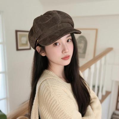 New Autumn and Winter Suede Octagonal Beret Women's Large Head Circumference Retro Painter Newsboy Hat Short Brim Peaked Cap
