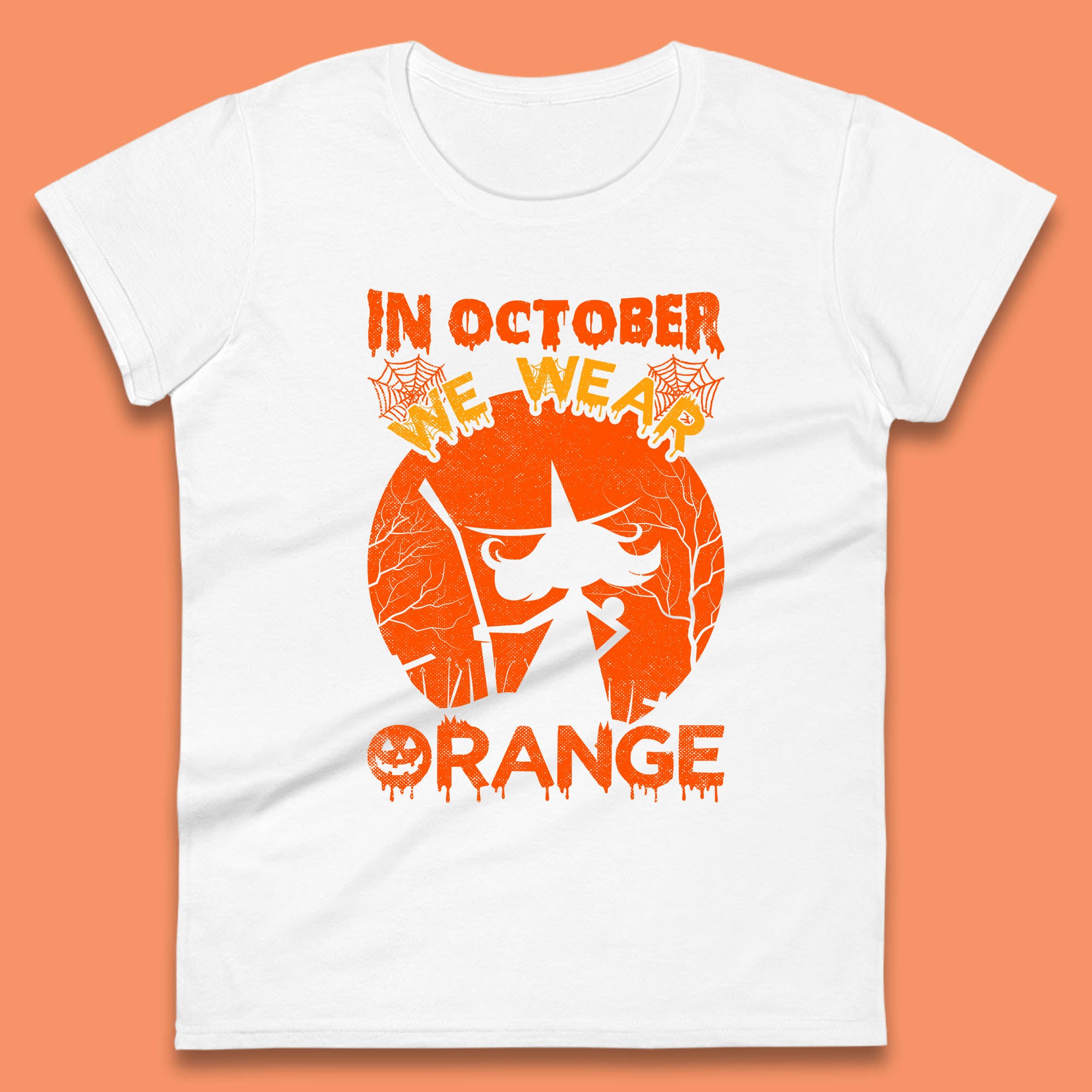 In October We Wear Orange Funny Quote Scary Witch With Broom Halloween Costume October Festive Womens Tee T Shirt Mens Tops Unisex Top L