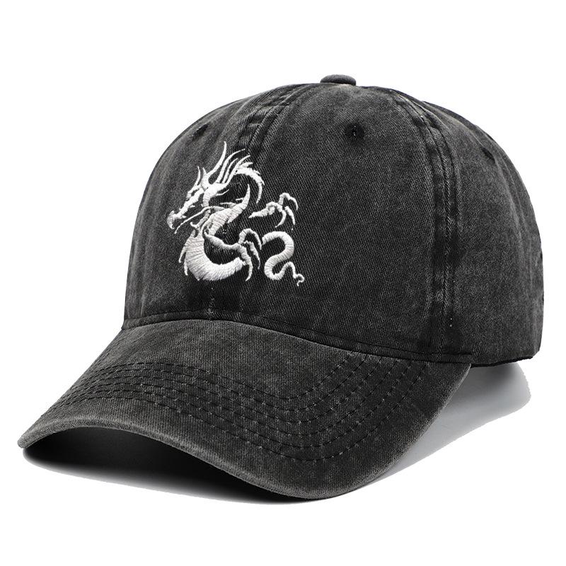 European Dragon Embroidery Vintage Washed Cotton Baseball Cap