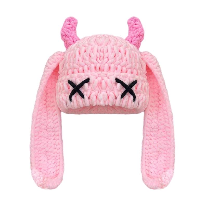 Handmade Crochet Cap with Devil Horn Long Ears Stretchy Pullover Hat Winter Warmth Hat Halloween Cosplay Head Accessory