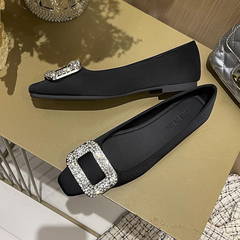 Women Slip-on Loafer Fashion Silk Casual Shoes Girl Square Crystal Flat Shoes