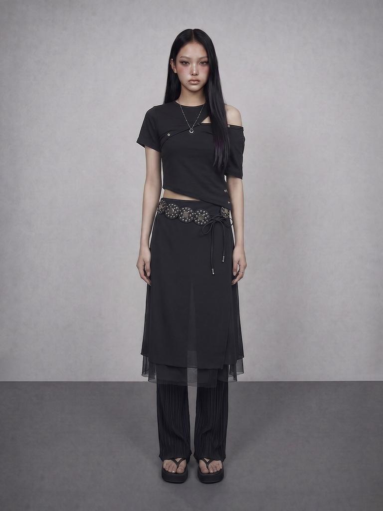 BOUNDARY Glam Double Layer Flared Mesh Long Skirt Bk_B261Msd111