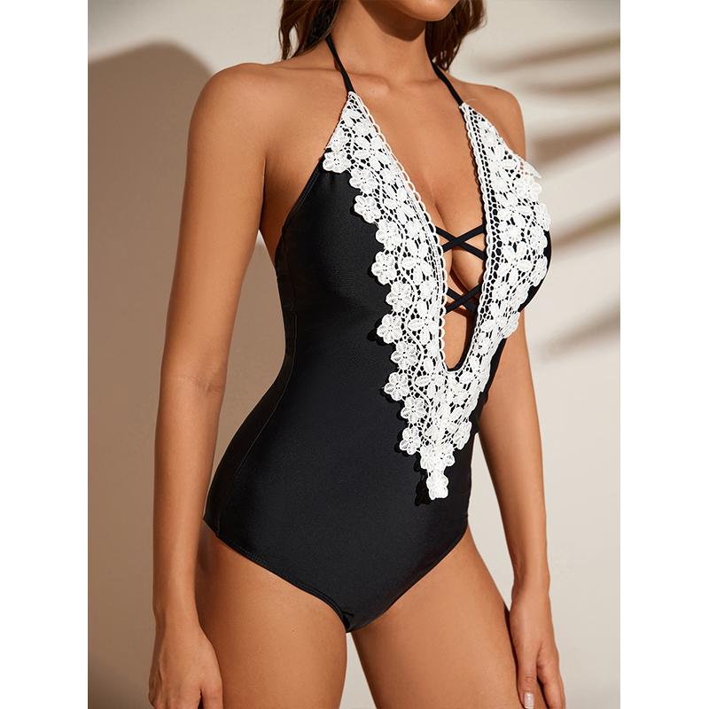 

Цельный бикини, сплошной цвет, кружевной вырез, купальник, пляжный купальник, женские купальные костюмы, купальный костюм, боди L чёрный