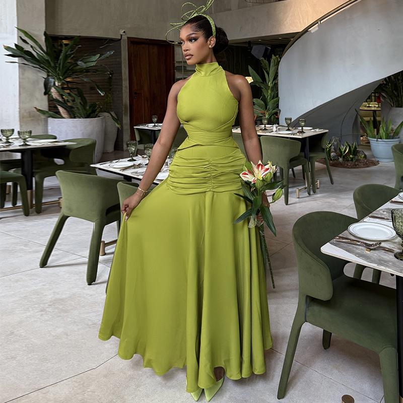 In Stock Halter Waist-Cinching Pleated Solid Color Evening Gown - 2026 Spring Fashion L желто-зеленый