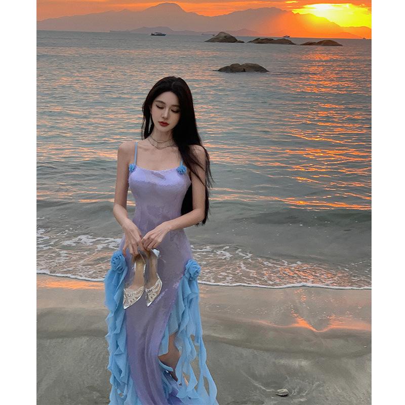 Sexy Split Sequin Suspender Dress Light Luxury High-end Birthday Party Dress Seaside Vacation Dress