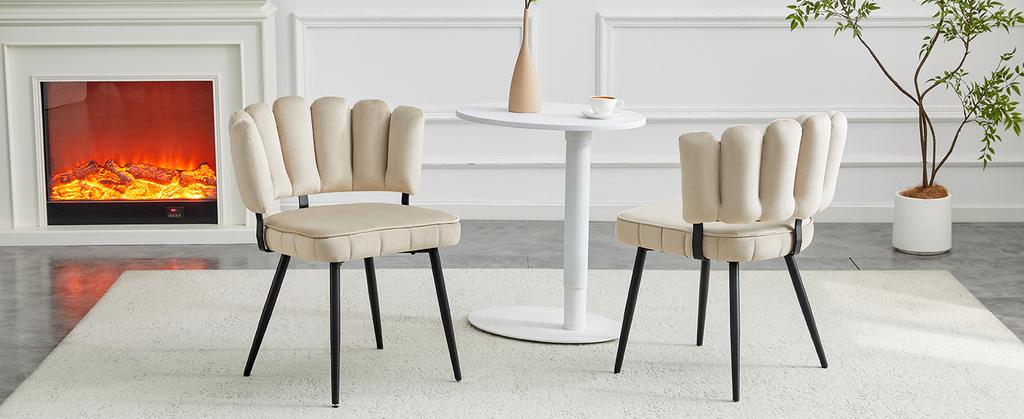 Set of 2 European Dining Chairs with Flower-Shaped Backrest and Velvet Cover. Textured Velvet + Black Metal Legs, 80 cm High, Living and Dining Area.