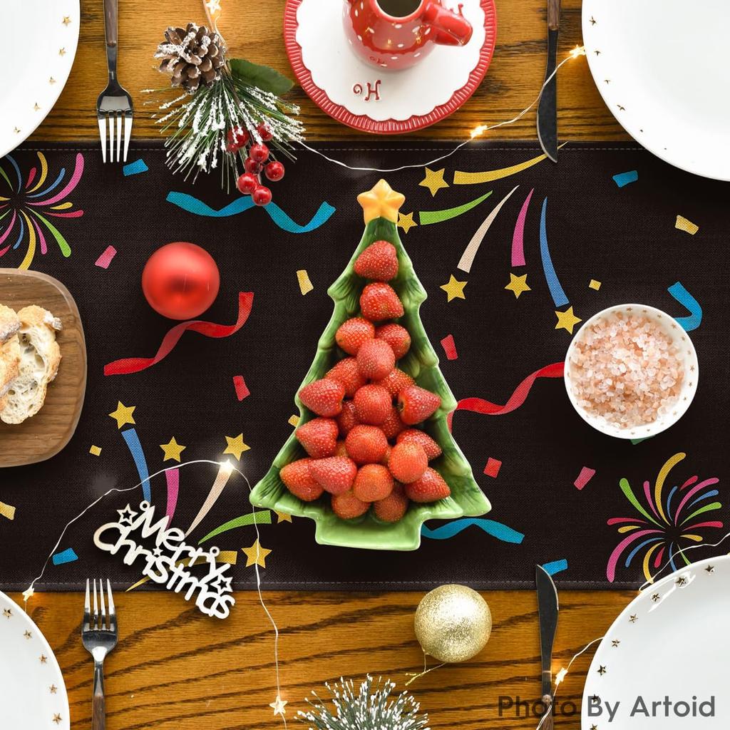 Artoid Mode Cheers Firework Ribbon 2025 Happy New Year Table Runner, Festival Kitchen Dining Table Decoration for Home Party Decor 13x72 Inch