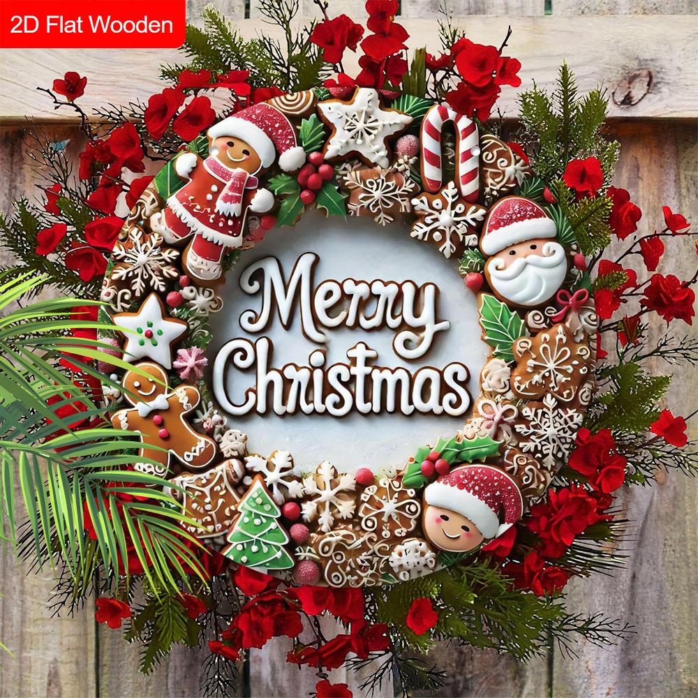 Merry Christmas Wooden Sign with Gingerbread Man & Santa Claus Pattern - Navidad Round Sign for Fornt Door, Wall Decor - Ideal Christmas Decoration