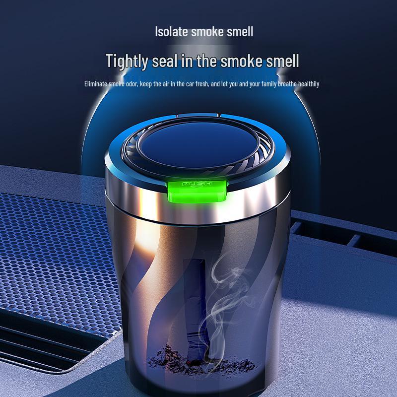 Portable LED-Lit Car Ashtray with One-Button Open and Alloy Liner