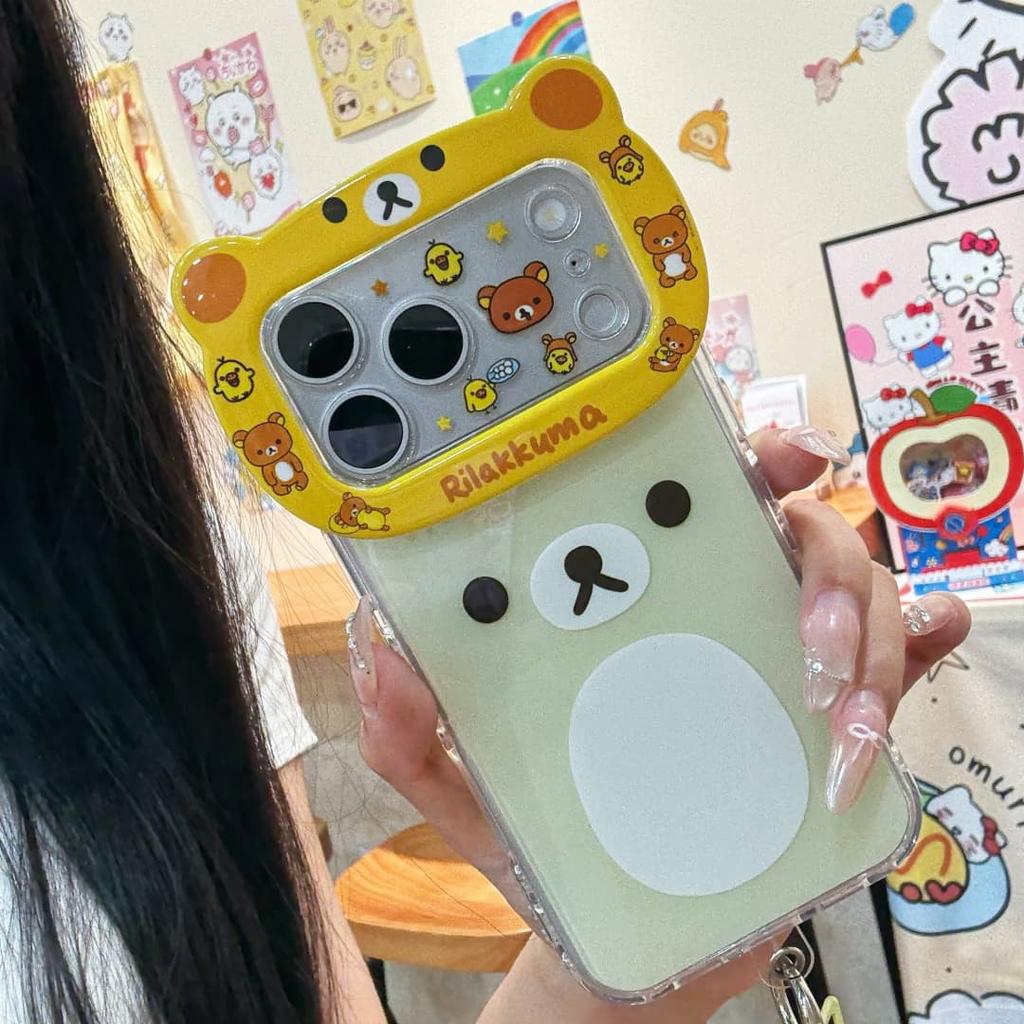 Cute Cartoon Big Bear Head Rilakkuma IMD Phone Case for iPhone 17 17Pro 17Promax 16 15 14 Pro Max 16pro with Bracelet Pendant