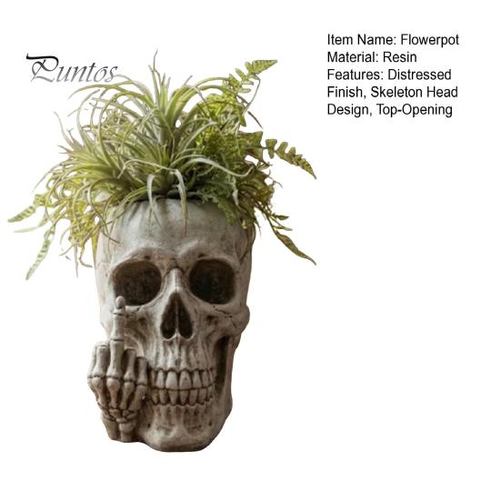 Succulent Container Skull Planter with Middle?Finger Gesture, Resin Pot, Gothic Skeleton Head Dark Aesthetic Gardening Flower Unique Desktop