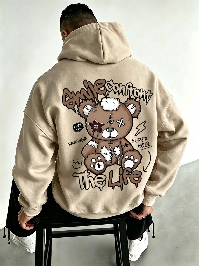American Style Trendy Patched Stuffed Bear Sweatshirt with Back Print and Hooded Casual T-shirt for Both Men and Women