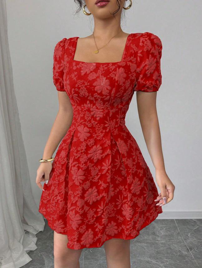 2026 Women's Summer Slim Jacquard Puff Sleeve Square Neck Dress - Elegant European Vacation Style