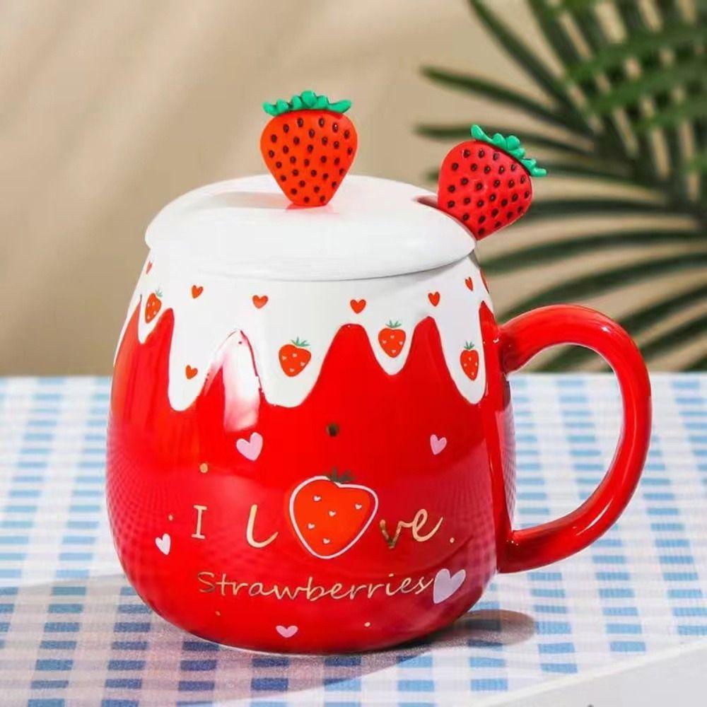 450ML Capacity Strawberry Mug With Lid Porcelain Mug Small Size Ceramic Mug  Office Use