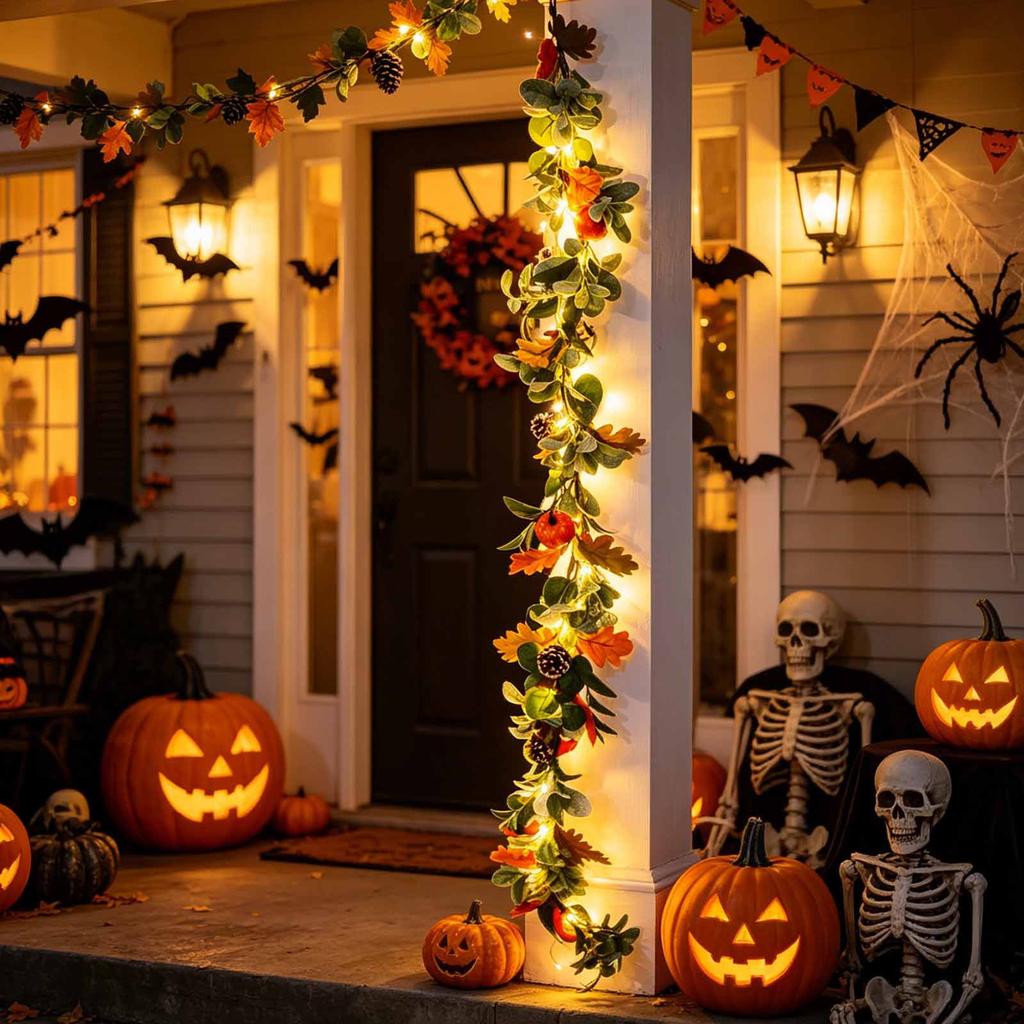 Artificial Pumpkin Maple Leaf Garland 67in Faux Vine Decorative Fall Harvest Fireplace Mantel Cabinet Hanging Ornament for Home