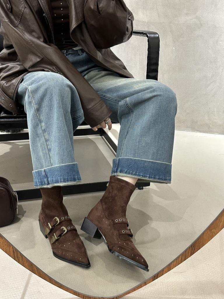 Belt Buckle Suede Pointed Short Boots Women's 2025 Autumn New Thick Heel Sexy Chelsea Boots Fashion Boots Women's Boots