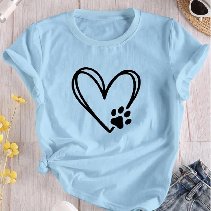 Love Cartoon Print Crew Neck T-shirt Casual Loose Short Sleeve Fashion Summer T-Shirts Tops Women's Clothing