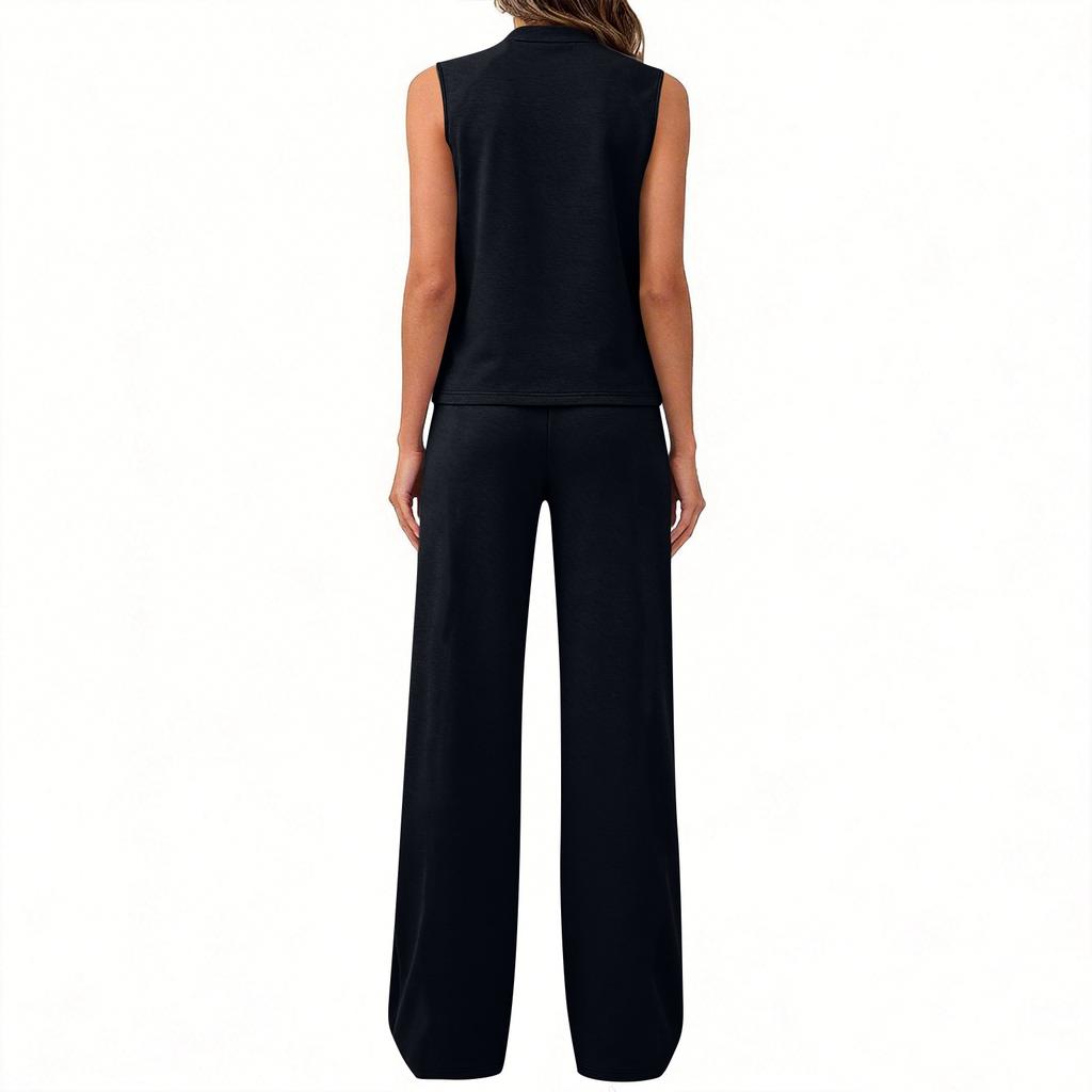 Women's Casual Fashion High-Neck Sleeveless Top And Wide-Leg Trousers Set