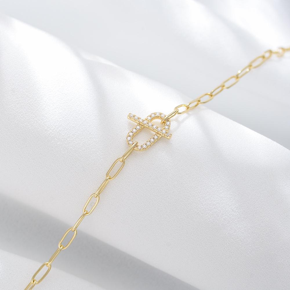 925 Sterling Silver Toggle Clasp Bracelet Gold Plated White CZ Geometric Chain Jewelry
