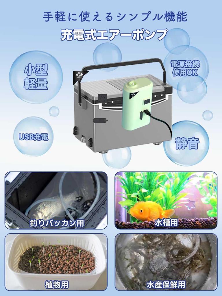 Fischerei-Luftpumpe, USB-wiederaufladbar, Eingebaute Batterie, 35dB leise, Kompakt, Tragbare Sauerstoffpumpe (Grün)