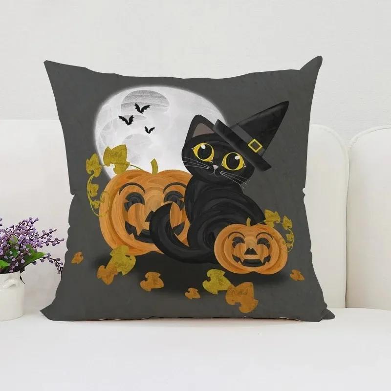 Housse de coussin décorative d'Halloween Chat Citrouille Adaptée pour Maison Salon Canapé Chambre Chambre Housse d'oreiller décorative