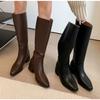 Fashion Women Knee High Boots News Leather Mid Heel Square Toe Long Women's Knight Boot Thick Heel Retro Boots