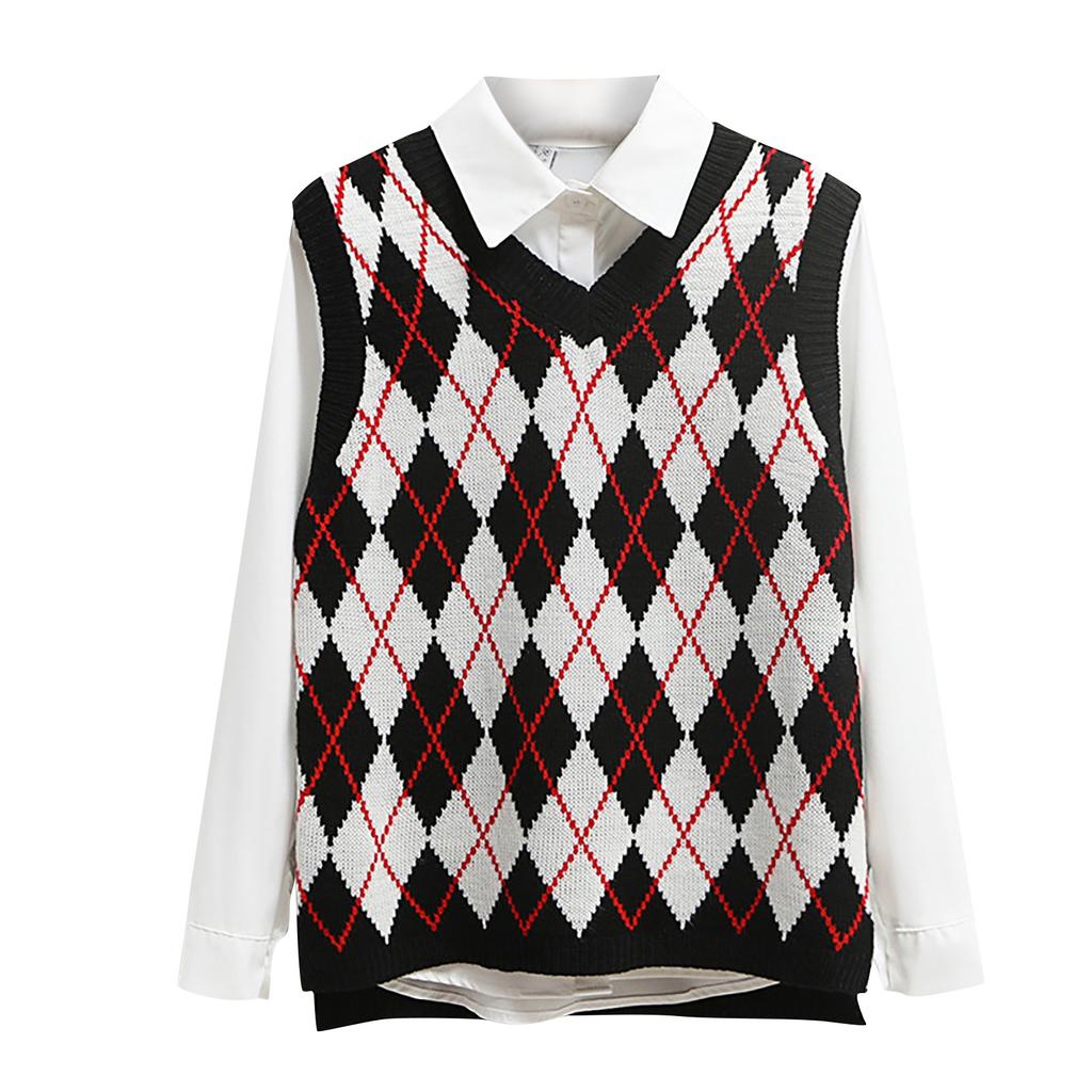Women's Casual V-Neck Pullover Shirt Collision Color Sleeveless Sweater Vest