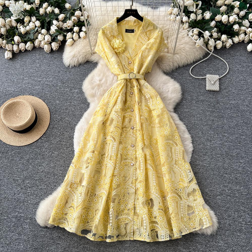 French light luxury lace three-dimensional flower hollow dress women's new high waist waist thin elegant temperament long dress