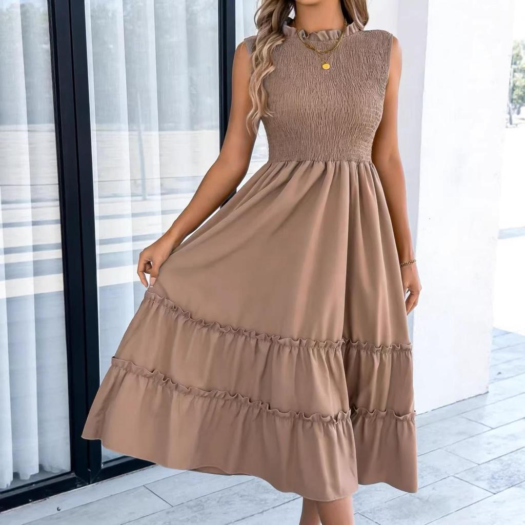 2026 Spring/Summer Sleeveless Smocked Waist Ruffle Hem Maxi Dress - Women's Casual European and American Style