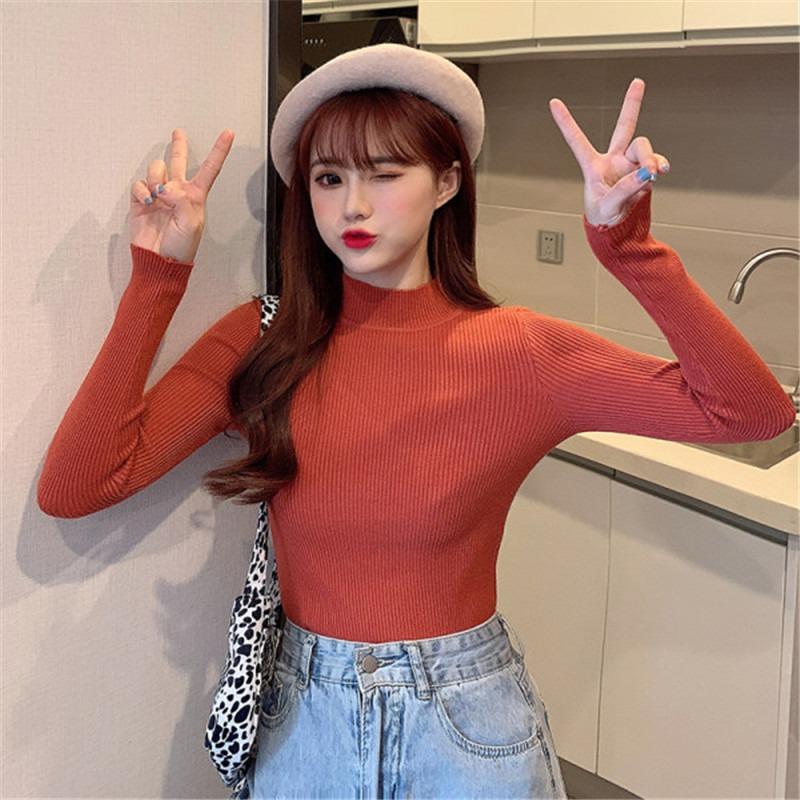 Fashion Solid Half High Neck Knitted Sweater Women Slim Fit Casual Elegant Pullover Sweaters Autumn and Winter Long Sleeve Knitwear Sweater Tops 24841