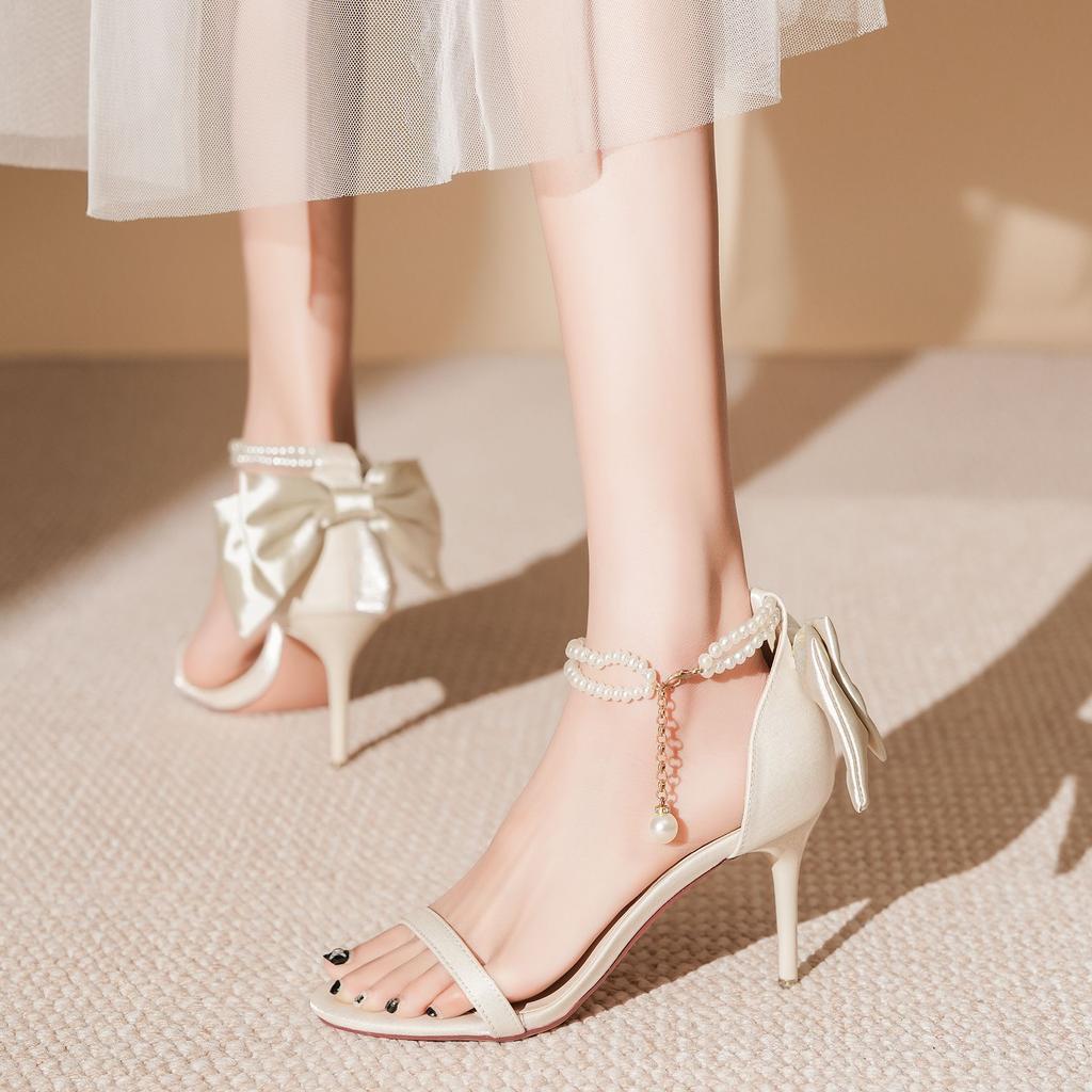 Pearl chain new sandals bow satin banquet wedding shoes high heels