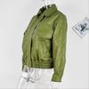 Womens Green Faux Leather Jacket With Turn-Down Collar Loose Fit Street Style Outerwear Fall Winter