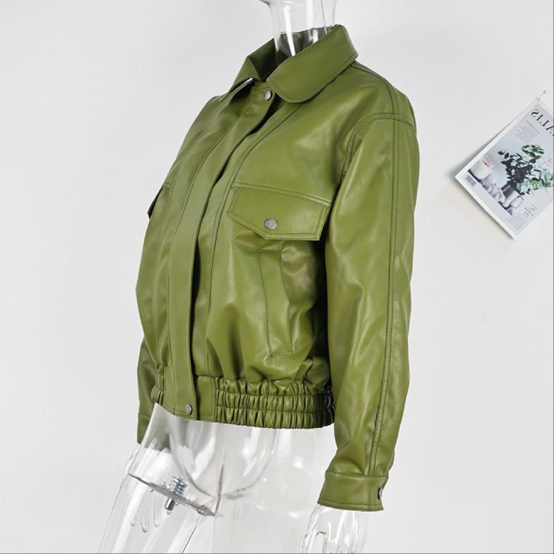 Womens Green Faux Leather Jacket With Turn-Down Collar Loose Fit Street Style Outerwear Fall Winter