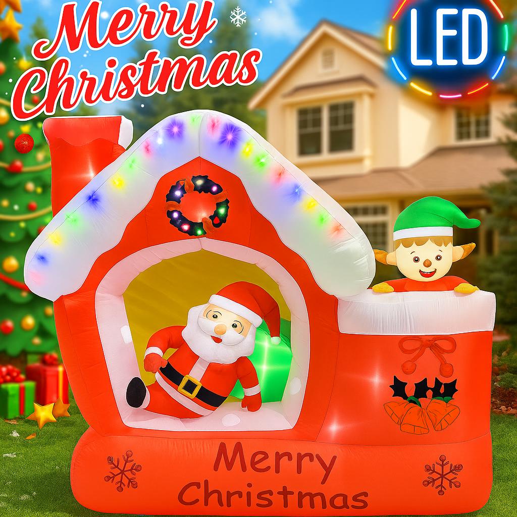 7FT Giant Holiday Lighting With LED Lights Christmas Inflatable Santa House Elf Xmas Yard Lawn Supplies Home Party Ornaments