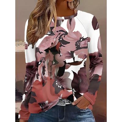 Women's T-shirt 3Dretro Floral Temperament Printing Fashion Long Sleeve Round Neck Regular Top Holiday Weekend Spring and Autumn