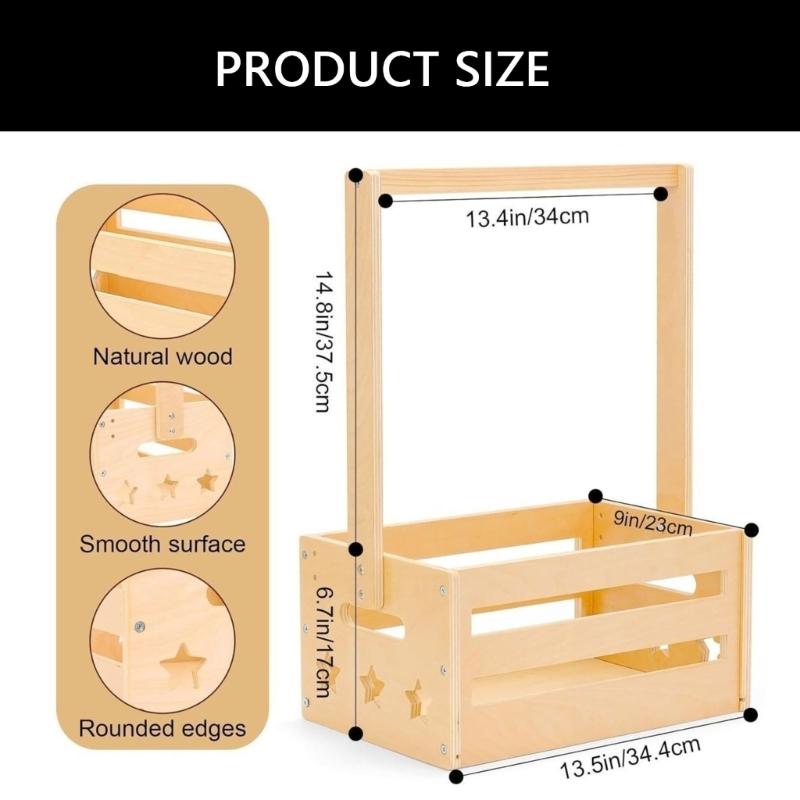 Handmade Baby Showers Wooden Organiser Basket Easy Assembly Wood Toy Storage Crate with Long Handle Christmas Gift
