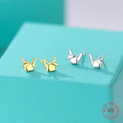 Ohrstecker aus 925er Sterlingsilber mit Papierkranich-Motiv für Frauen, niedlicher Mini-Piercing-Ohrring, romantisches Schmuckgeschenk aus 14 Karat Gold