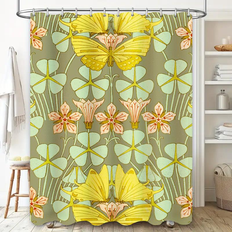 Artistic Floral Butterfly Shower Curtain Bathroom Decor Customizable Waterproof Fabric Durable Home Decoration