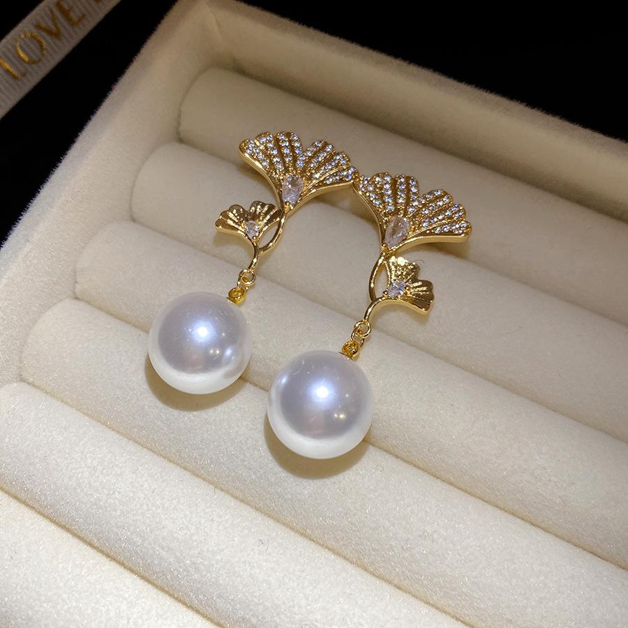 Zircon Pearl Leaf Pendant Earrings Jewelry