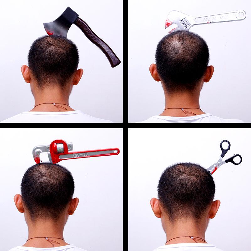 Halloween Headband Hair Accessory Prank Fake Head Axe Headband with Costume Parties 3D Sharp Kitchen Knife Head Hair Accessory