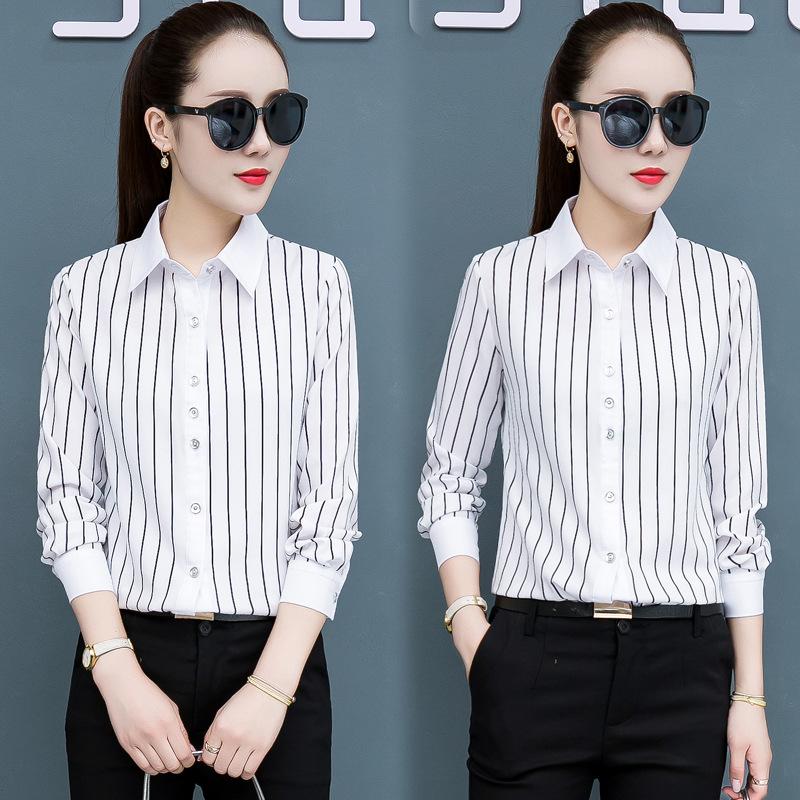 Women's White Striped Shirt Korean Version Spring and Autumn Shirt Professional Shirt Top for Women