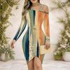 Women Plus Size Chain Strap Cold Shoulder Long Sleeve Striped Printed Asymmetrical Hem Bodycon Dress