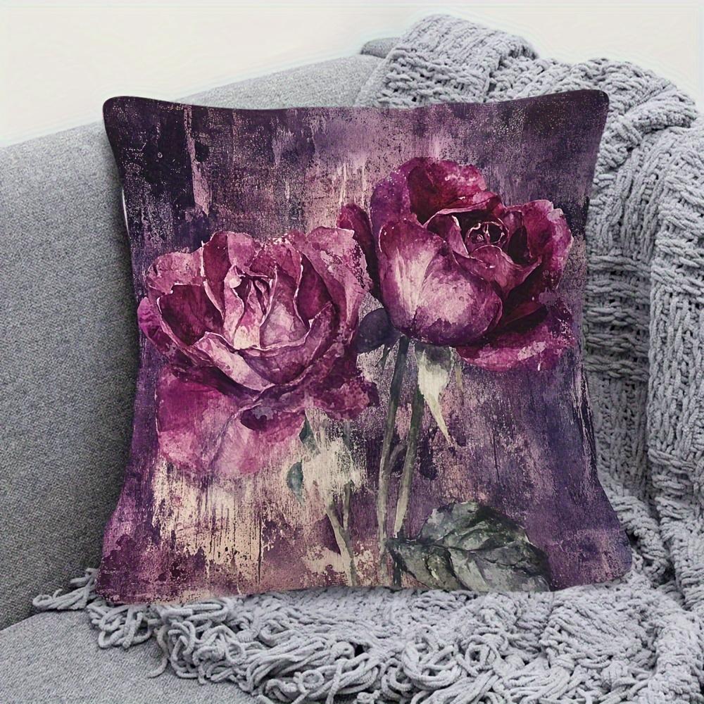 1Pc Dark Purple Watercolor Rose Pillow Cover, Polyester 2D Double-Sided Print, Vintage Floral Art Cushion, Romantic Flower Lover